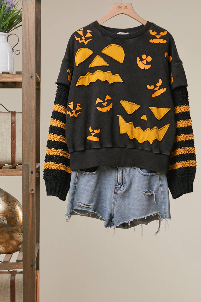 Mello. - Halloween Colorblock with Striped Sleeves Top