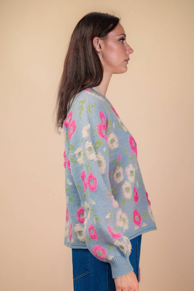VERY J - 12W3428N-Oversized Floral Textured Printed Knit Sweater Top