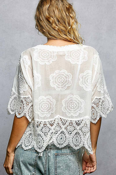Pol Clothing - Crochet Trim Neckline Short Sleeve Jacket Top