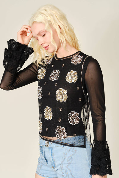 Blue B - 96027T Beaded Mesh Layered Top