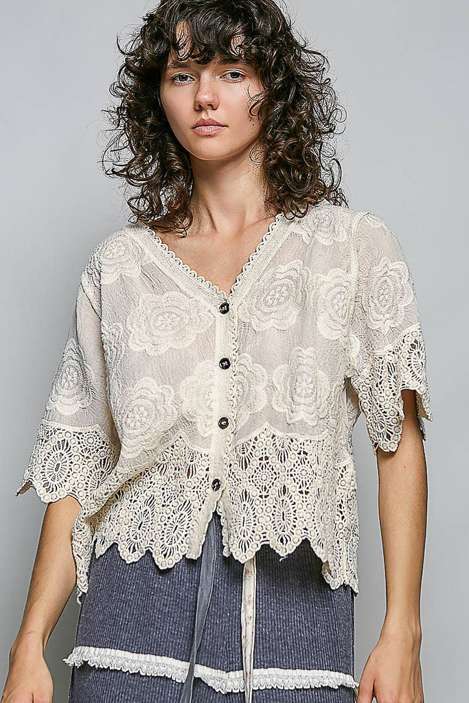 Pol Clothing - Crochet Trim Neckline Short Sleeve Jacket Top