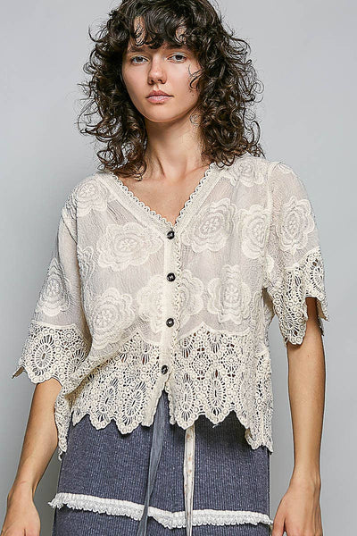 Pol Clothing - Crochet Trim Neckline Short Sleeve Jacket Top