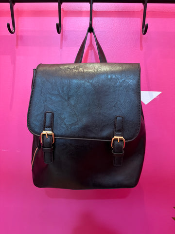 Vegan Leather Buckle Flap Backpack