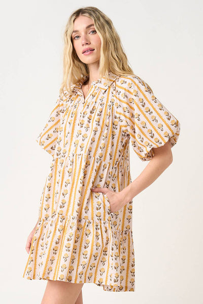mittoshop - FLORAL STRIPE PRINT TIERED MINI SHIRT DRESS