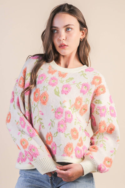 VERY J - 12W3428N-Oversized Floral Textured Printed Knit Sweater Top
