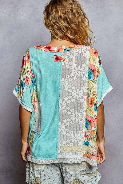 Pol Clothing - Unique Patchwork Lace Floral Knit Short Sleeve Top SALE