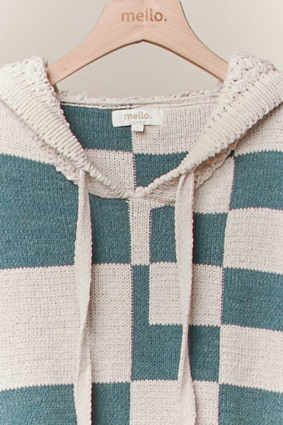 Hooded Olive Checkered Drawstring Sweater