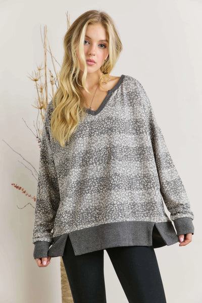 Animal Print Loose Fit V Neck Top