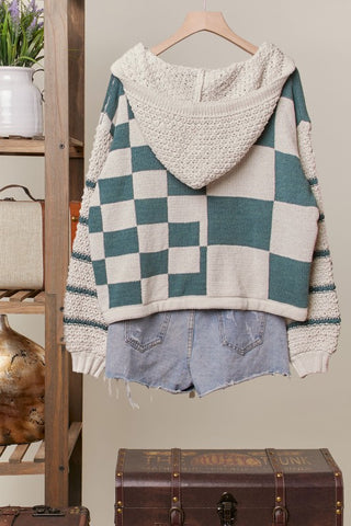 Hooded Olive Checkered Drawstring Sweater