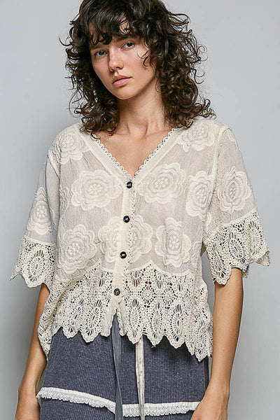 Pol Clothing - Crochet Trim Neckline Short Sleeve Jacket Top