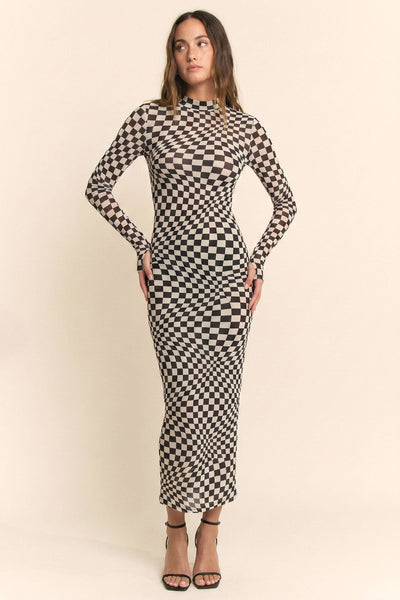 Davi & Dani - CHECKERED OPTICAL ILLUSION MESH MIDI DRESS