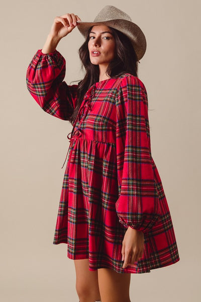 Holiday Plaid Front Tie Mini Dress