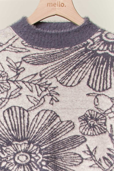 Grey Contrast Trim Crew Floral Knit Sweater