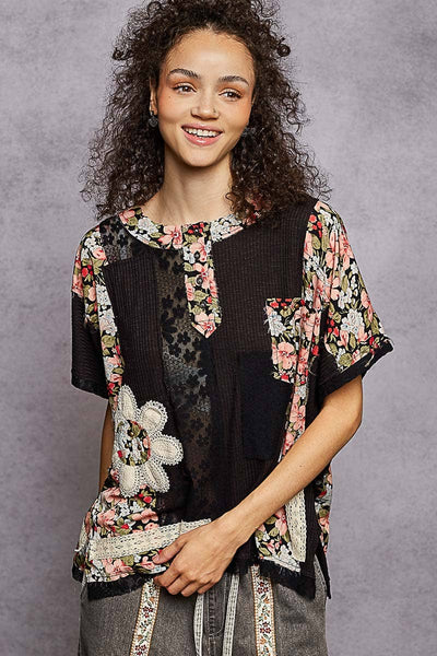 Pol Clothing - Unique Patchwork Lace Floral Knit Short Sleeve Top SALE