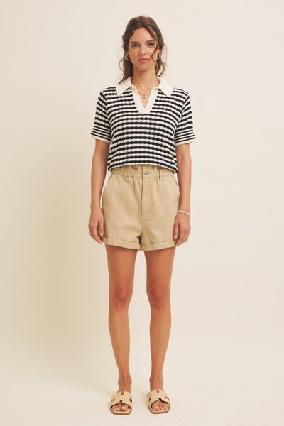 Textured Cotton Collared Striped Sweater Top