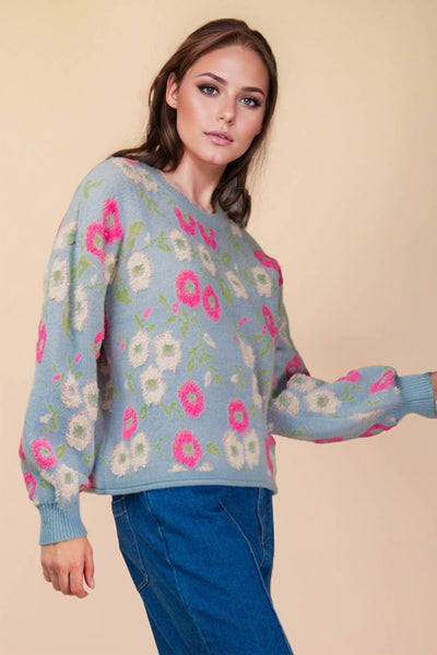 VERY J - 12W3428N-Oversized Floral Textured Printed Knit Sweater Top
