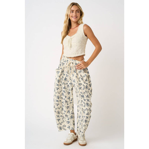 mittoshop - BLUE FLORAL PRINT SEAM DETAIL PULL ON BARREL PANTS
