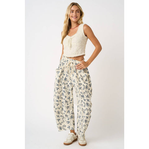 mittoshop - BLUE FLORAL PRINT SEAM DETAIL PULL ON BARREL PANTS