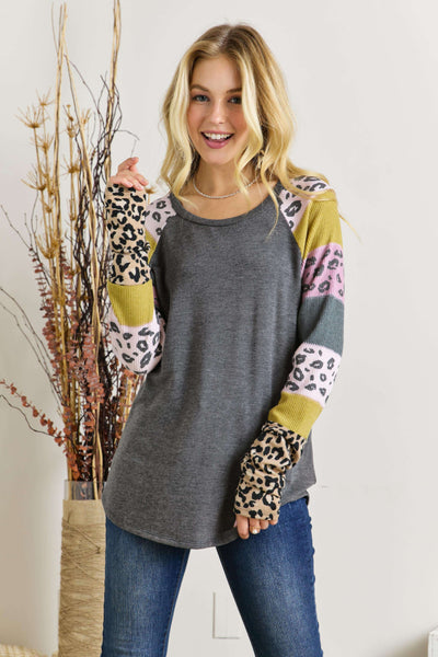Long Sleeve Round Neck Mixed Pattern Top