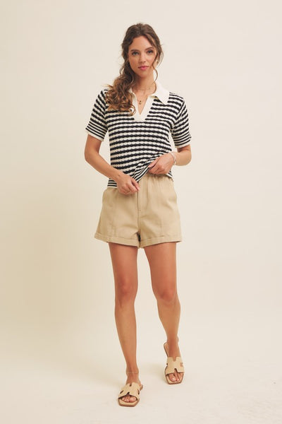 Textured Cotton Collared Striped Sweater Top