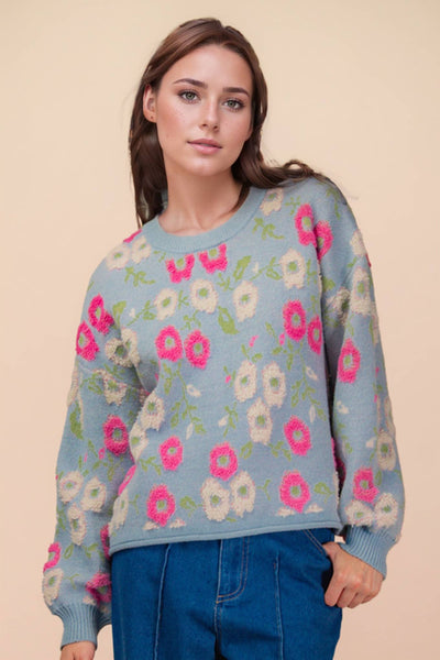 VERY J - 12W3428N-Oversized Floral Textured Printed Knit Sweater Top