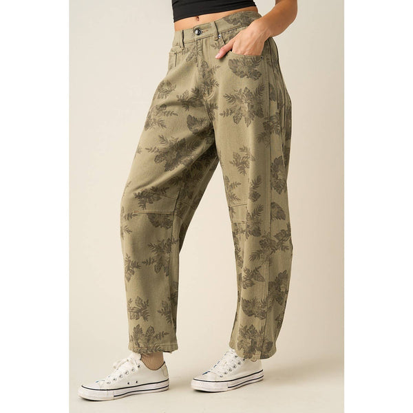mittoshop - FLORAL PRINT BARREL LEG COTTON TWILL PANTS