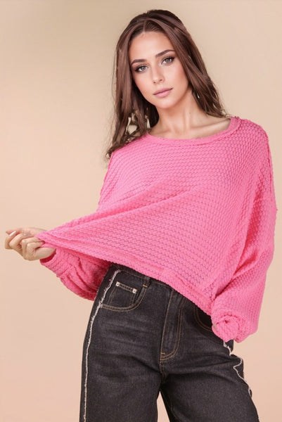Oversized Waffle Knit Casual Top - Pink
