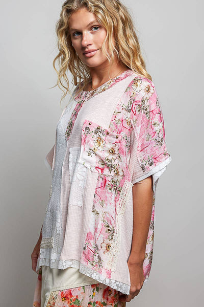 Pol Clothing - Unique Patchwork Lace Floral Knit Short Sleeve Top SALE