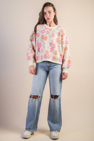 VERY J - 12W3428N-Oversized Floral Textured Printed Knit Sweater Top