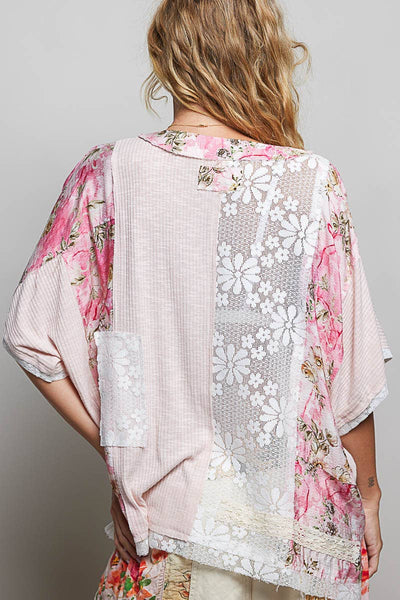Pol Clothing - Unique Patchwork Lace Floral Knit Short Sleeve Top SALE