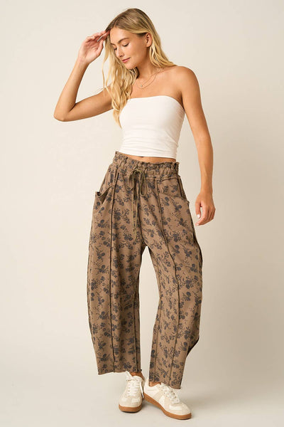 mittoshop - BLUE FLORAL PRINT SEAM DETAIL PULL ON BARREL PANTS