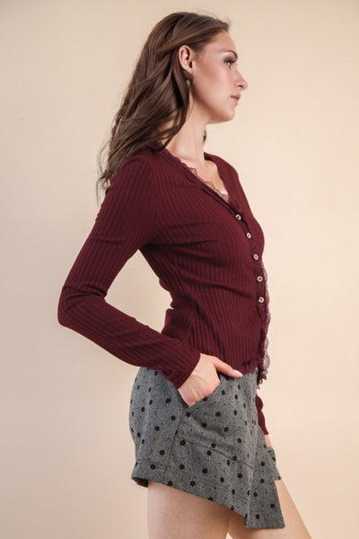 Button Down Lace Trim Fitted Top - Multiple Colors
