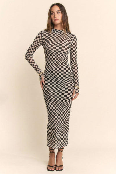 Davi & Dani - CHECKERED OPTICAL ILLUSION MESH MIDI DRESS