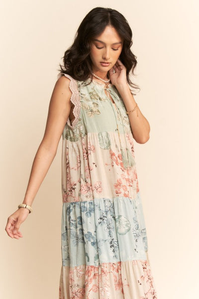 Fall Floral Color Block Boho Maxi Dress
