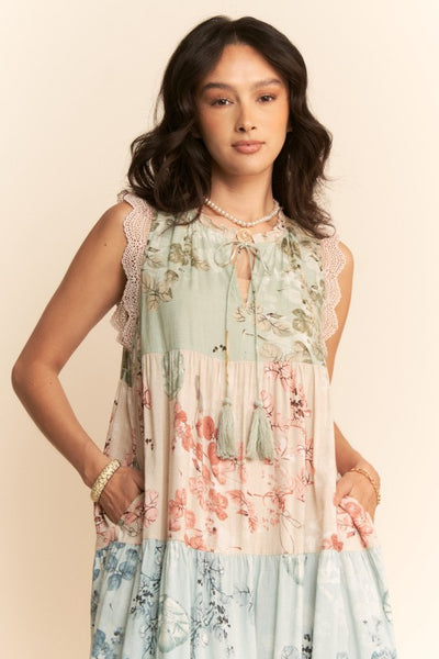 Fall Floral Color Block Boho Maxi Dress