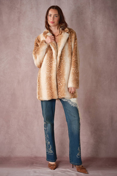 Blue B - 25046J Deer Print Faux Fur Coat