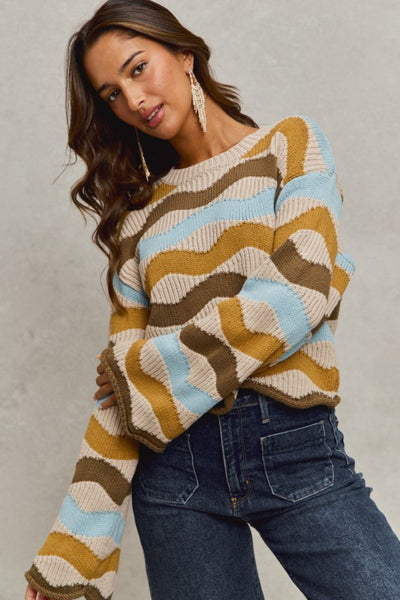 Taupe And Blue Wavy Multi Color Stripe Sweater