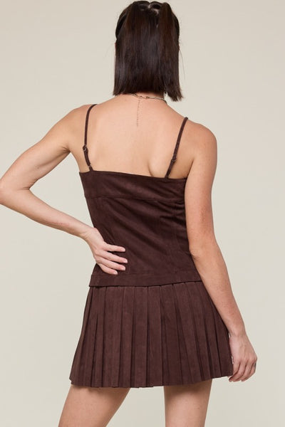 Suede Brown Pleated Mini Dress