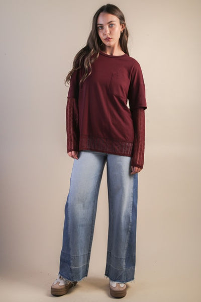 Oversized Casual Knit Top With Lace - Wine