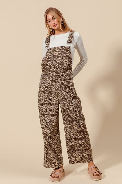 Leopard Twill Denim Slouchy Barrel Overalls