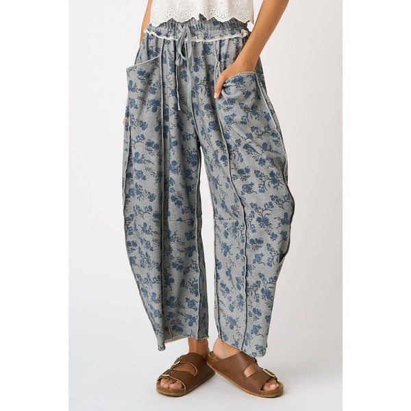 mittoshop - BLUE FLORAL PRINT SEAM DETAIL PULL ON BARREL PANTS