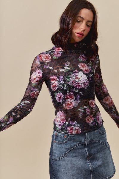 Floral Lace Fitted Top - Black