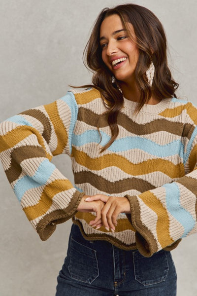 Taupe And Blue Wavy Multi Color Stripe Sweater