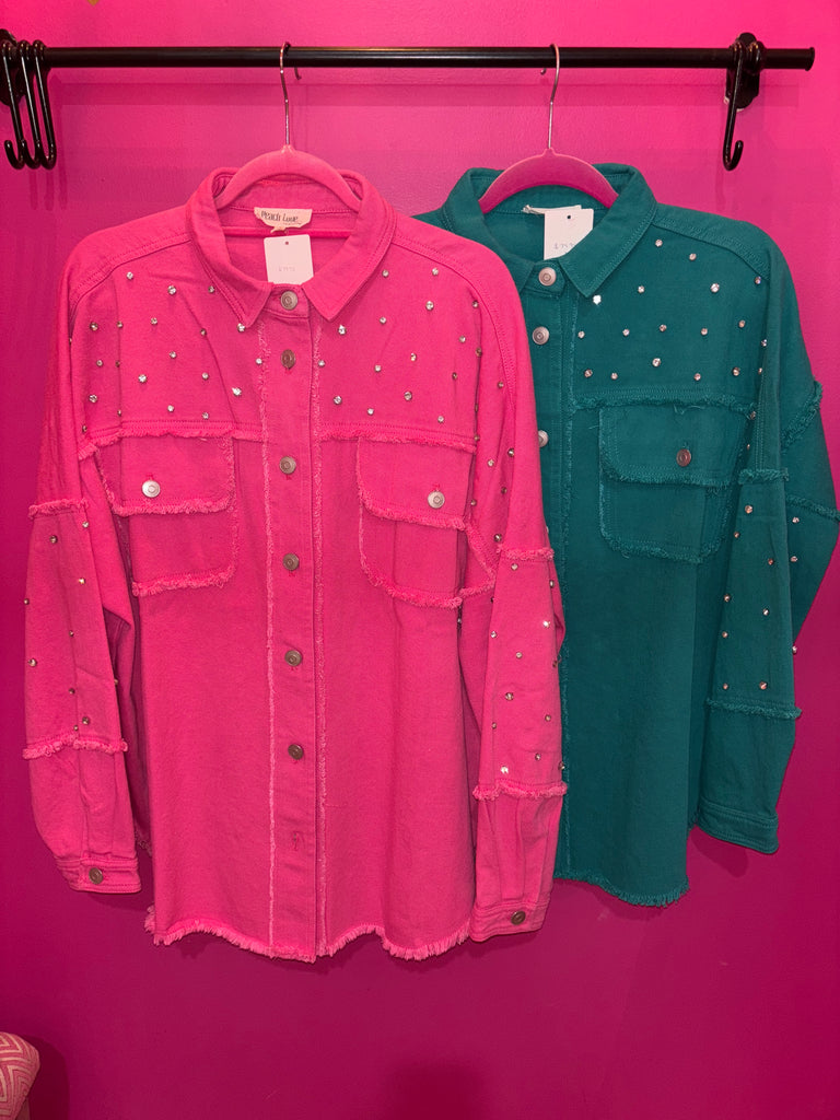 Crystal Stud Detail Denim Oversized Jacket - Multiple Colors