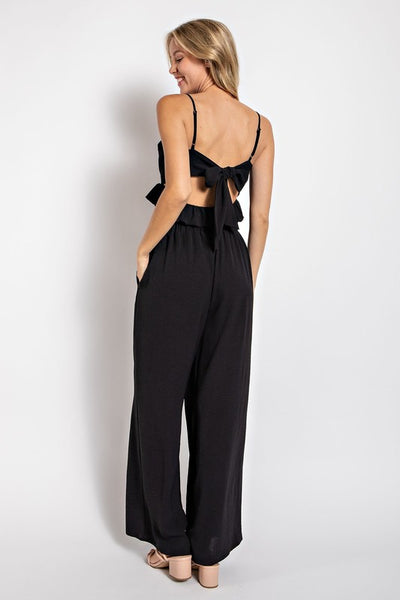 Cropped Ruffle Top & Wide Leg Pants Set - Black