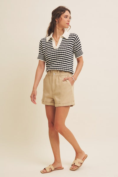 Textured Cotton Collared Striped Sweater Top