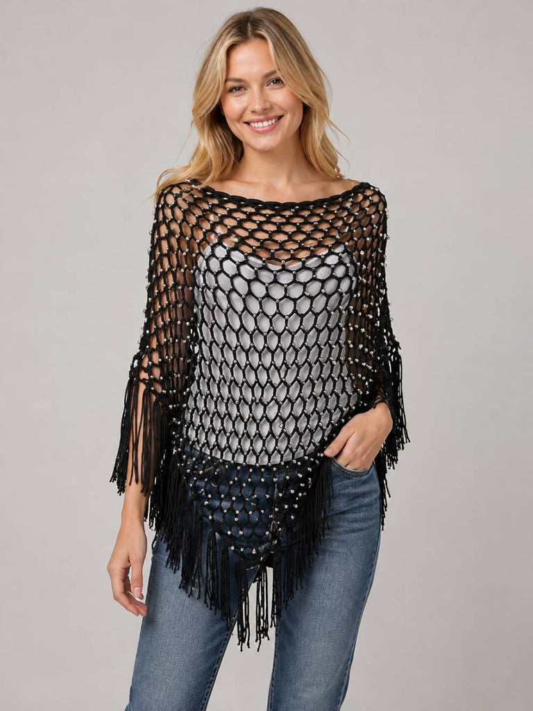 Dreamers by Debut - Open Knit Crochet Beaded Poncho- STA4404-B
