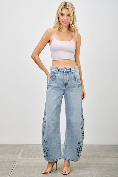 SAIGE DENIM - P8309L-HIGH RISE LOW CURVE BARREL WITH EMBROIDERY