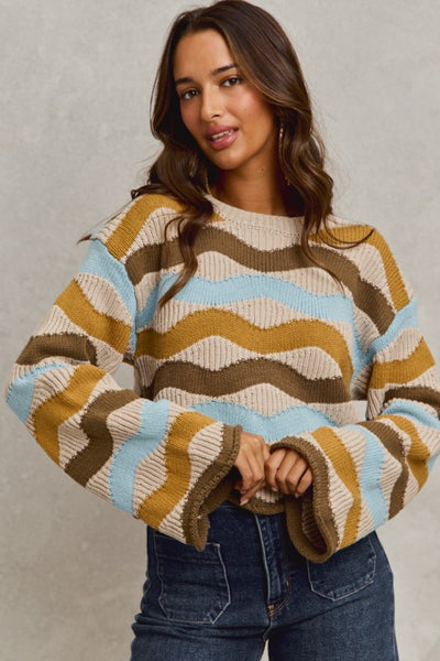 Taupe And Blue Wavy Multi Color Stripe Sweater