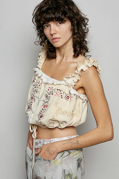 Pol Clothing - Square Neck Denim Thermal Embroidery Ruffle Crop Top